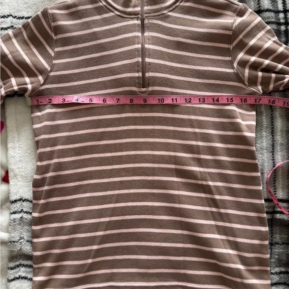 L.L. Bean 100% Cotton Striped Quarter-Zip Pullover Sweatshirt Brown Pink Small - Picture 3 of 9